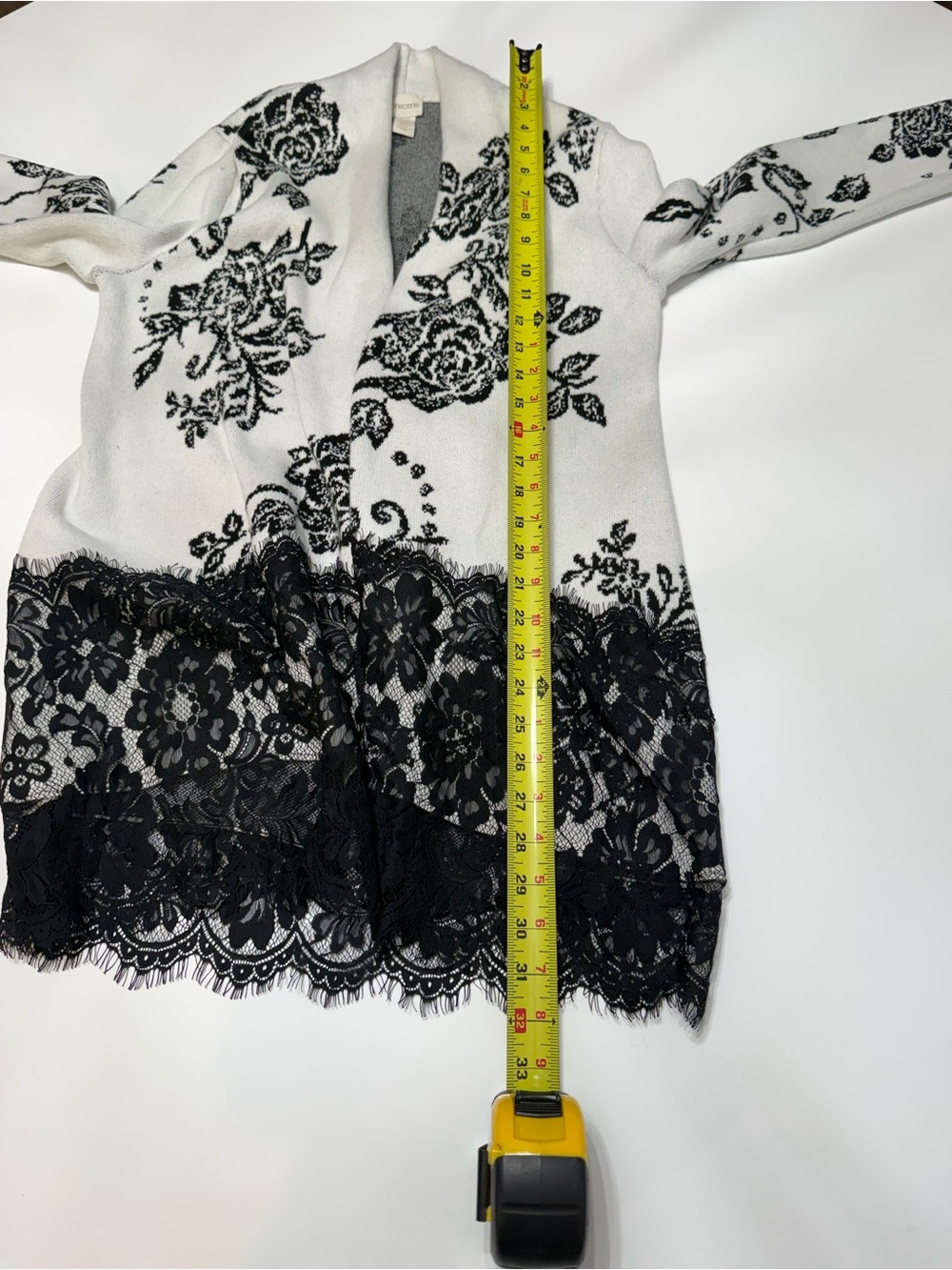 Chico's White Cardigan with Black Floral Lace Motif Size 0/Small - Picture 4 of 8